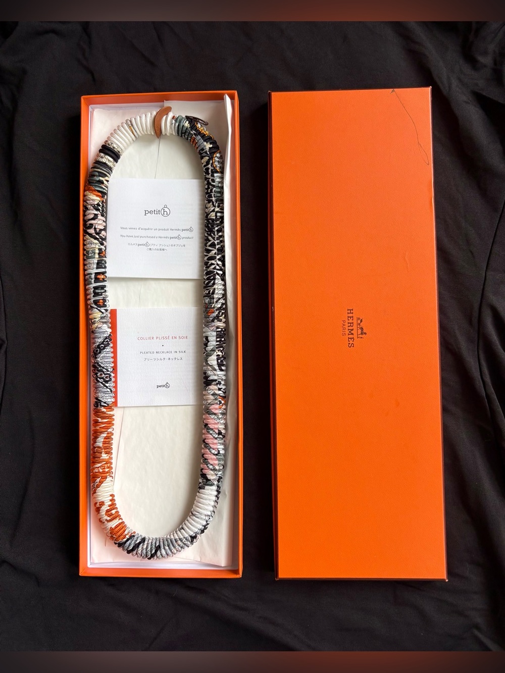 Hermes Petit H Pleated Necklace In Silk With Box